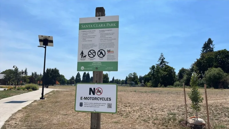 New signs across Eugene park system confirm e-motos are not allowed