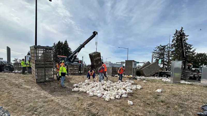 Troopers, WSDOT crews scramble to catch chickens after semi crash on I-5 on-ramp