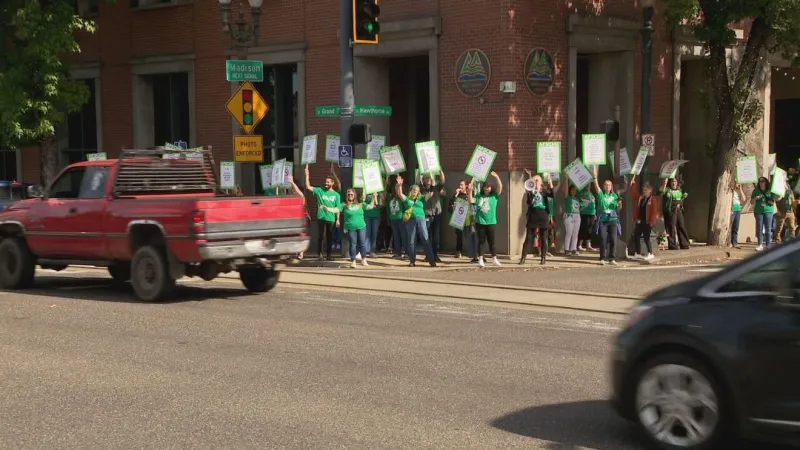Multnomah County workers picket return-to-office mandate outside Multnomah Building