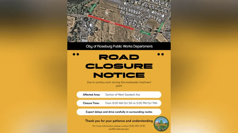 W. Goedeck Avenue closure set for Oct. 5-19 in Roseburg; detours advised