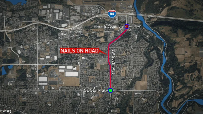 Thousands of nails spilled on Southwest 257th Avenue in Troutdale