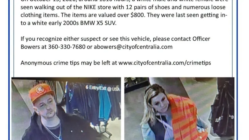 Centralia Police: Man and woman stole dozens of shoes from Nike