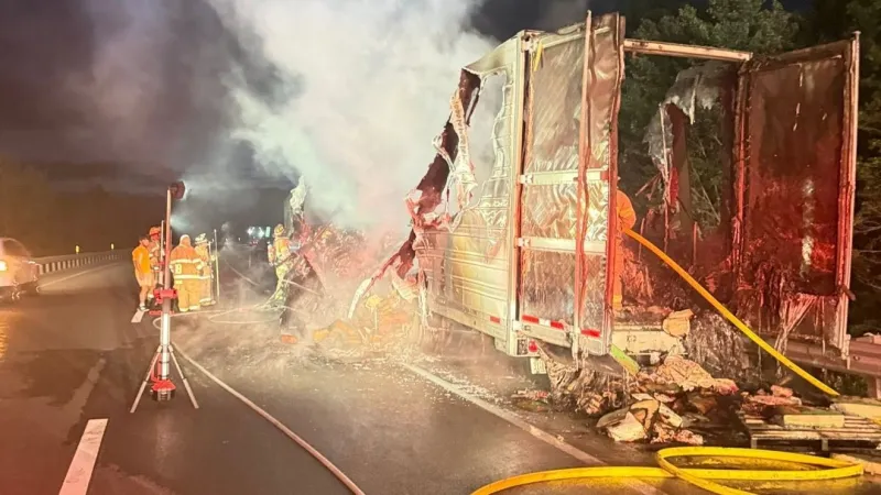 Truck hauling frozen meat catches fire, igniting trailer blaze on I-80 in Clearfield Count