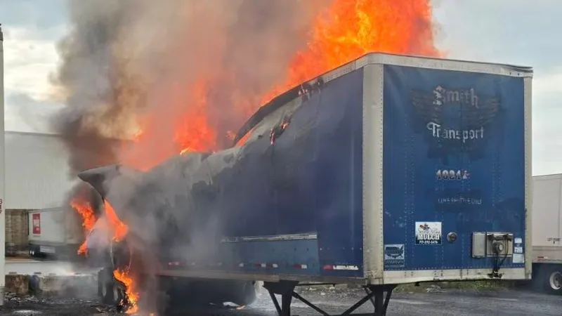 PHOTOS | Trailer seen fully engulfed in flames in Upper Allen Township parking lot