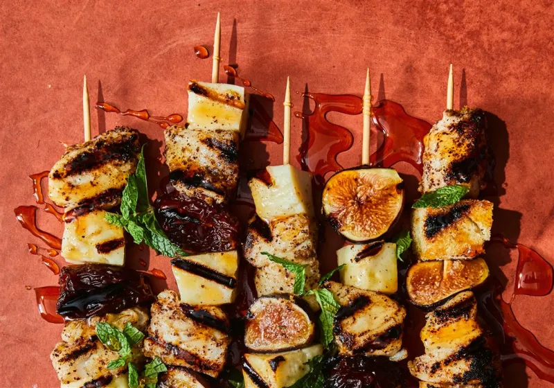 When lunch is the main event, here's a 'Greek Out' take on halibut and halloumi skewers