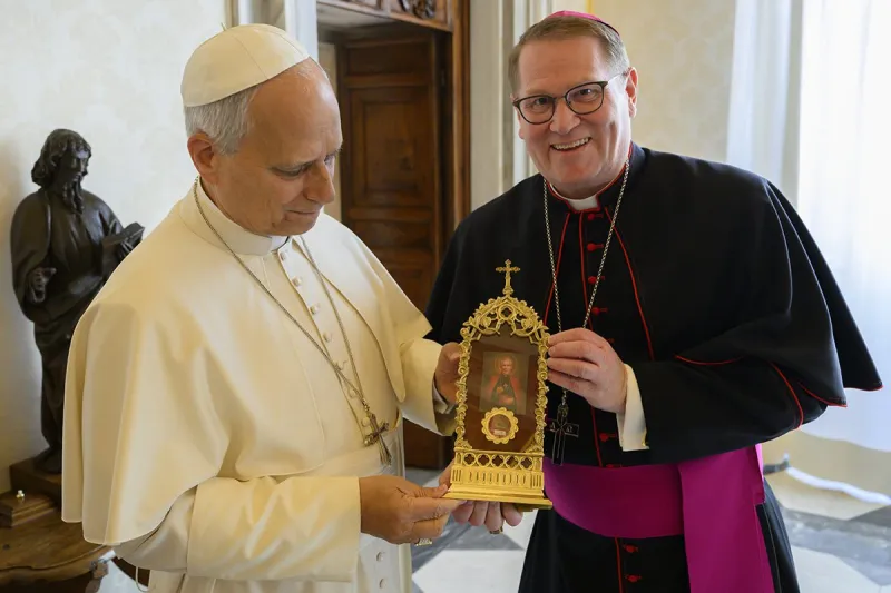 Pope Leo receives a relic of Blessed Fulton Sheen from Peoria's bishop