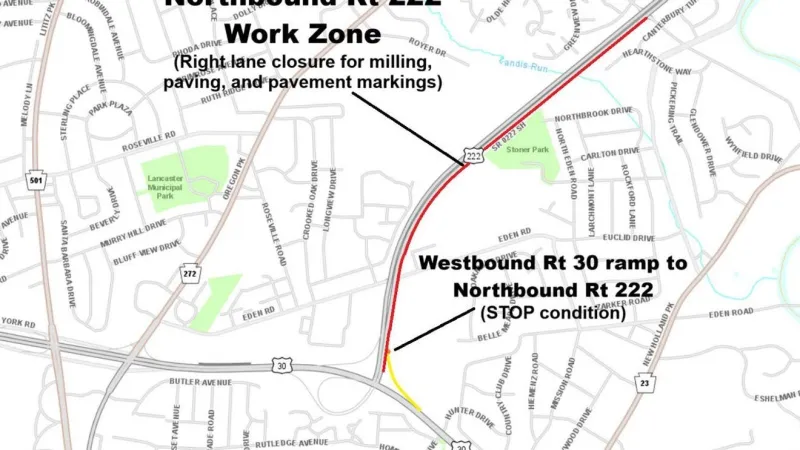 Traffic delays expected on Route 222 during multi-night lane closure in Lancaster County