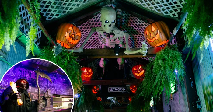 Philadelphia waterfront bar transforms into haunted pier with giant skeletons and flying ghosts