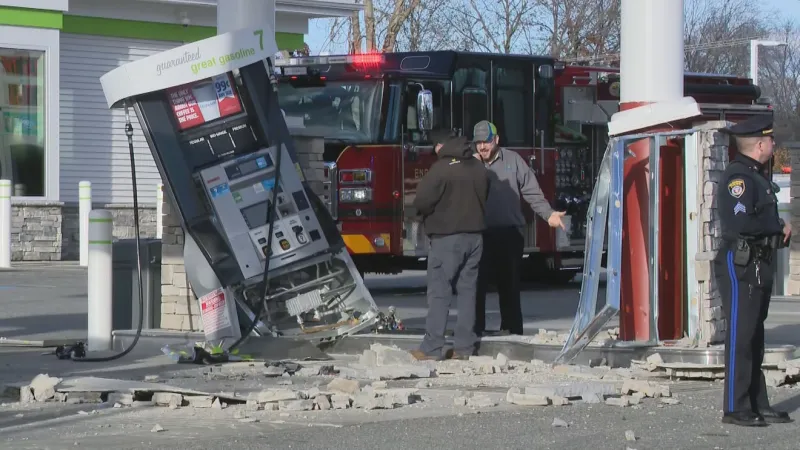 Driver taken to hospital after crashing into gas pump