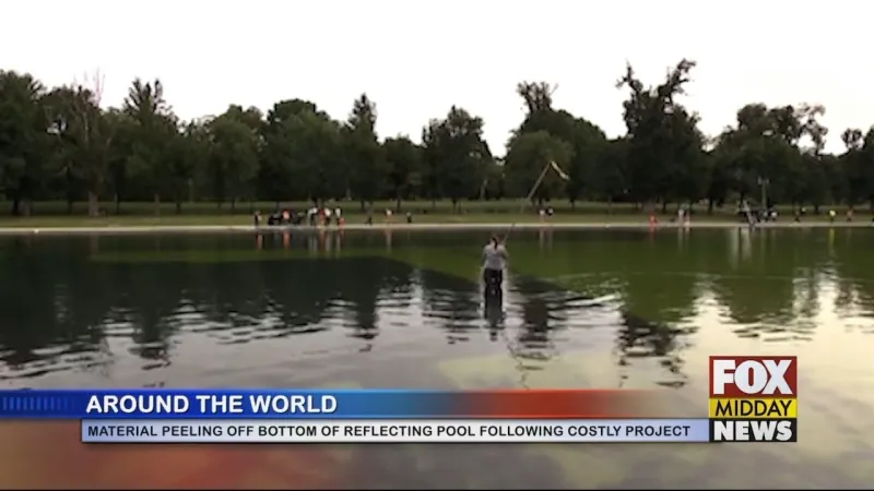 Blue Material Floating In Lincoln Memorial Reflecting Pool