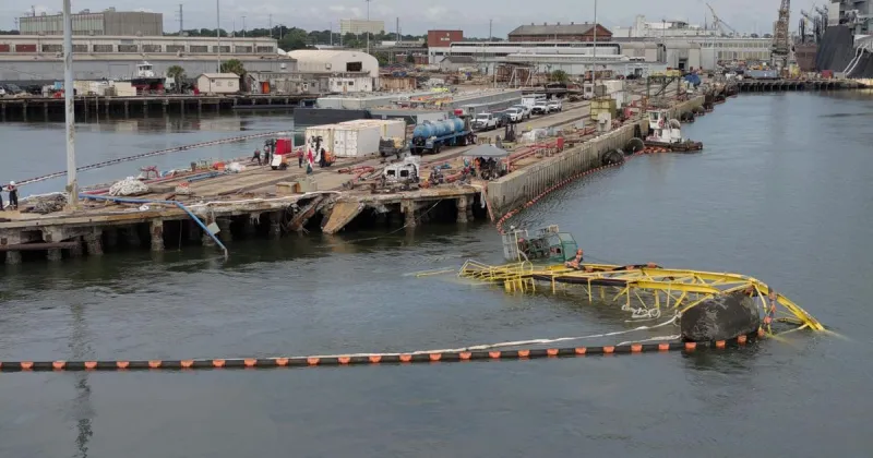 Salvage crew is working to remove the collapsed crane from the Cooper River