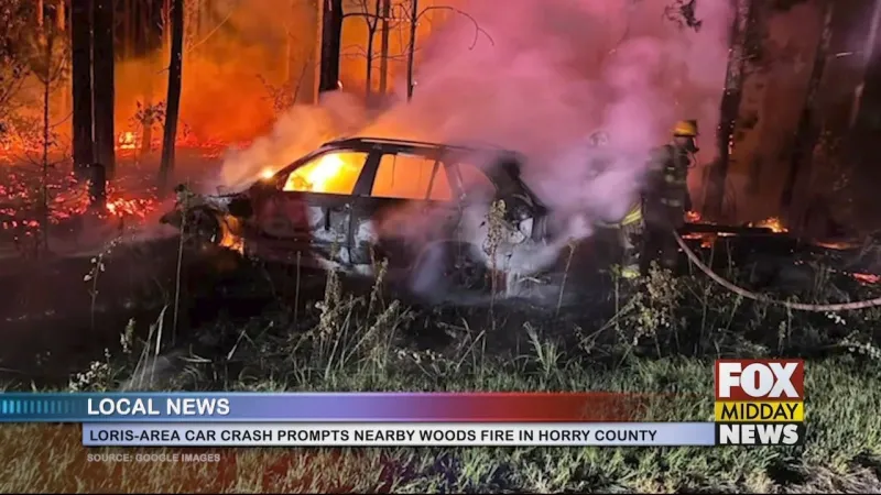 Car Crash Results In Flames Spreading To Nearby Woods