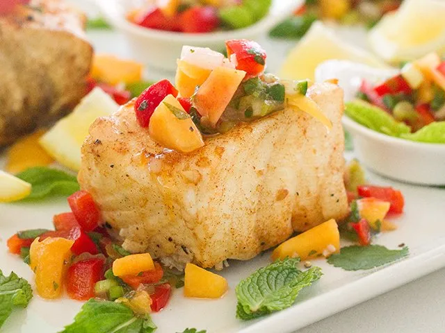 Grilled fish with peach-pepper relish