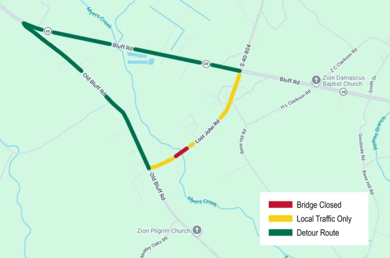 SCDOT to close Lost John Road bridge over Cabin Creek in Richland County for repairs