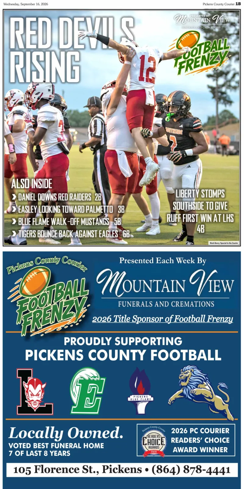 This week in the PICKENS COUNTY COURIER's FOOTBALL FRENZY Sponsored by MOUNTAIN VIEW FUNERALS AND CREMATIONS
