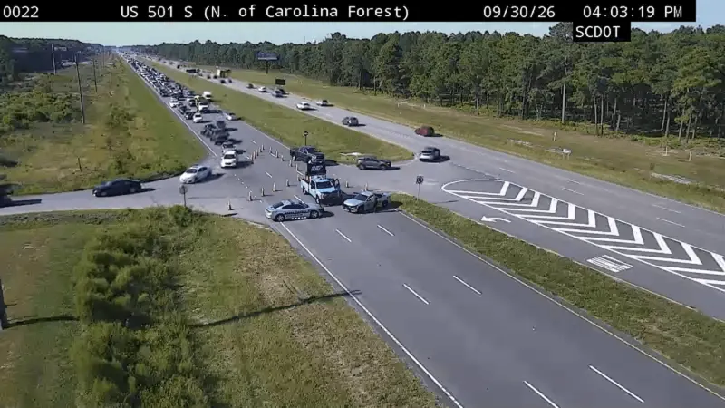 1 dead in 2 vehicle crash involving motorcycle blocks lanes along Hwy 501 in Horry Co.