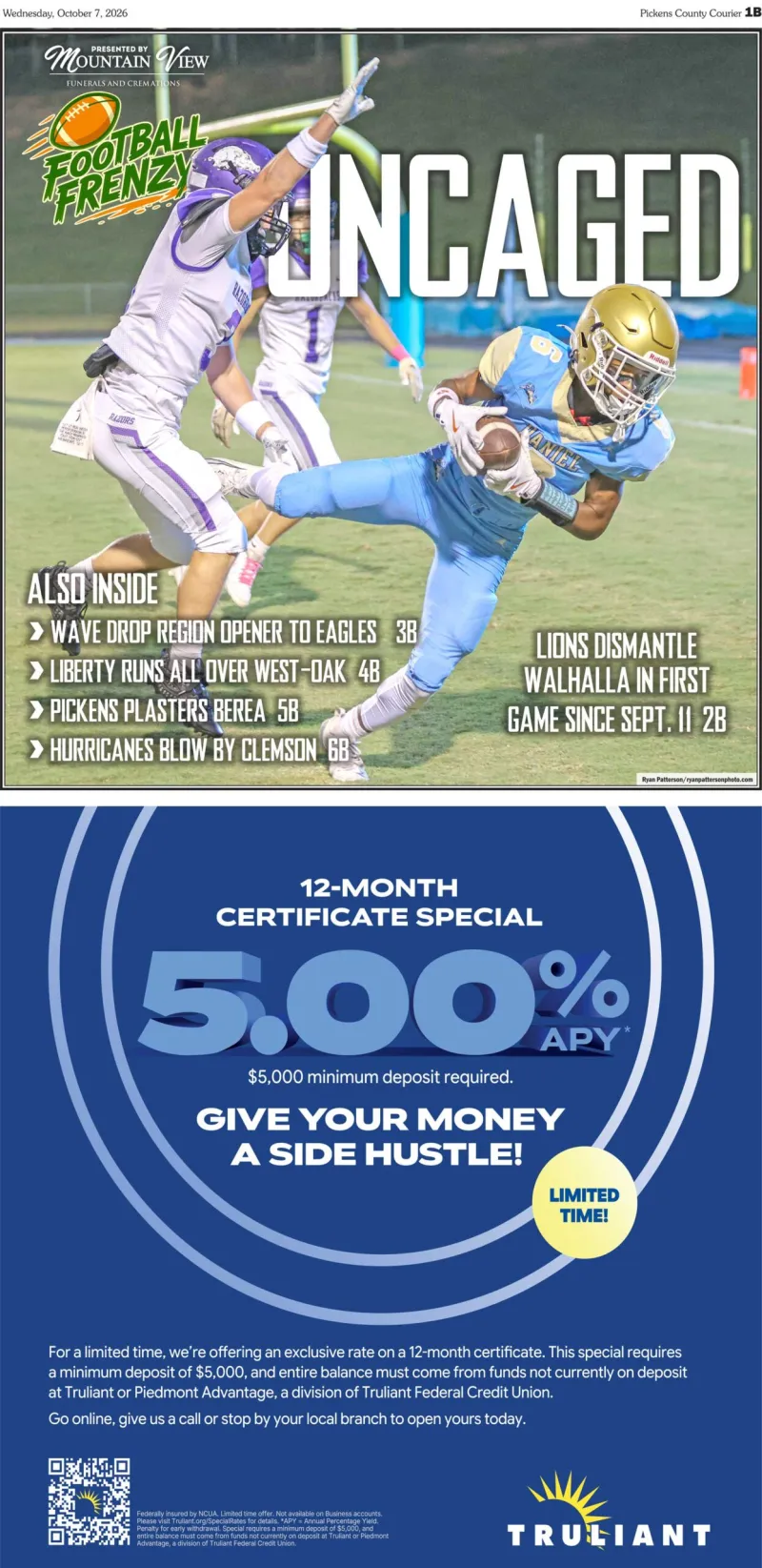 This week in the PICKENS COUNTY COURIER's FOOTBALL FRENZY Sponsored by MOUNTAIN VIEW FUNERALS AND CREMATIONS