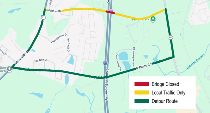 SCDOT to close, detour Marthan Road bridge over I-77 for repairs