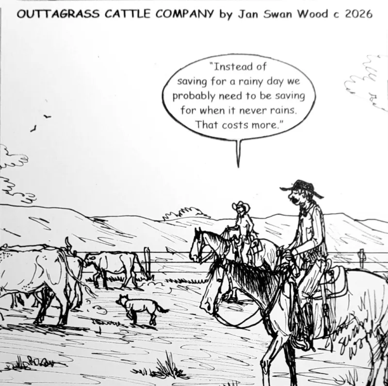 Outtagrass Cattle Co. cartoon by Jan Swan Wood for the June 27, 2026, edition of Tri-State Livestock News