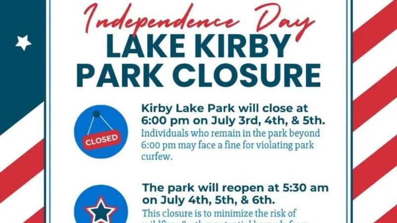 Kirby Lake Park to close early July 3-5; fireworks prohibited