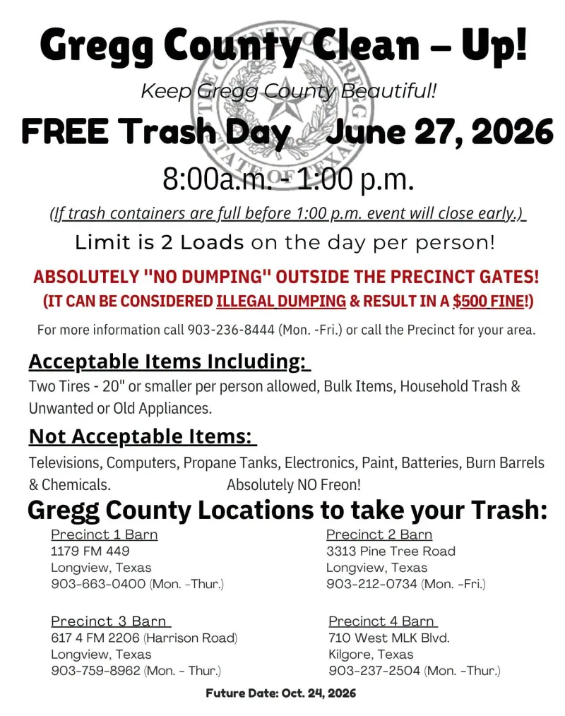 TOMORROW: Gregg County's free summer trash event welcomes drop-offs Saturday