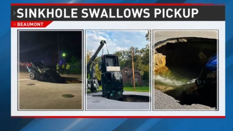 Driver safe after giant sinkhole swallows pickup truck in west Beaumont
