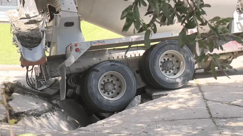 Road hazard: Concrete mixer truck gets stuck in Port Arthur sinkhole