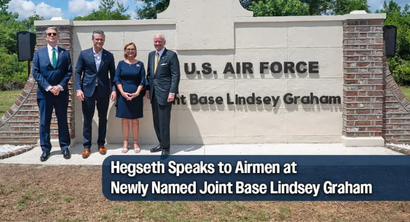 Hegseth Speaks to Airmen at Newly Named Joint Base Lindsey Graham