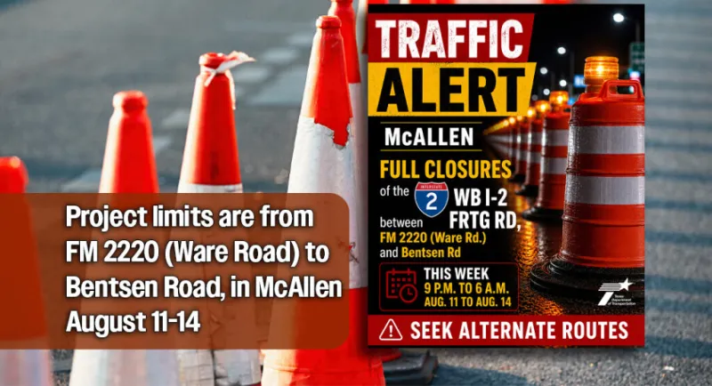 TRAFFIC ALERT -- Pavement Repairs Planned on Segment of Westbound I-2 FRTG Rd, Aug. 11-14