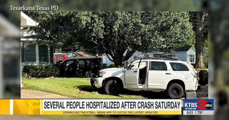 Two-vehicle crash damages home, sends several to the hospital in Texarkana, Texas