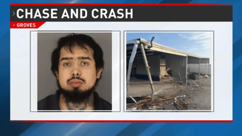 Suspected DWI driver traveling at 90 mph crashes into Groves auto body shop