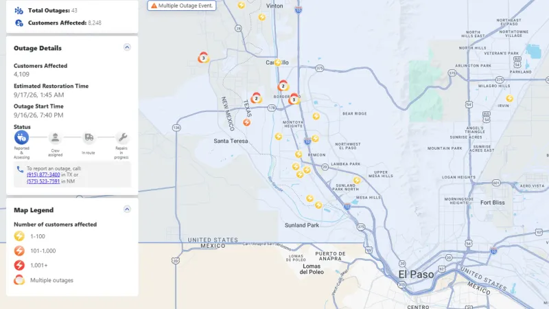 Multiple outages across El Paso leave thousands without power amid rainstorm