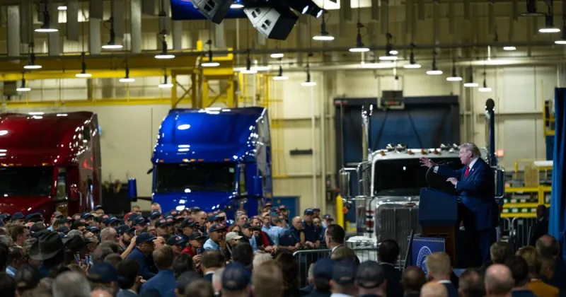 At Peterbilt plant, President Donald Trump weaves a reality that Denton protesters call fake news