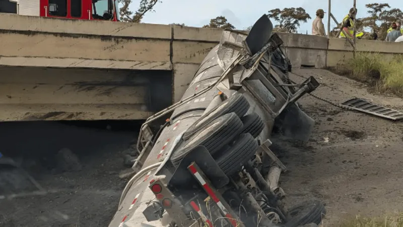 BREAKING: I-10 West closed after tanker truck plunges off freeway near Purple Heart Bridge