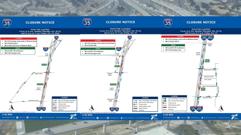 OVERNIGHT ROAD CLOSURES: North and southbound I-35 Frontage Road at Loop 410