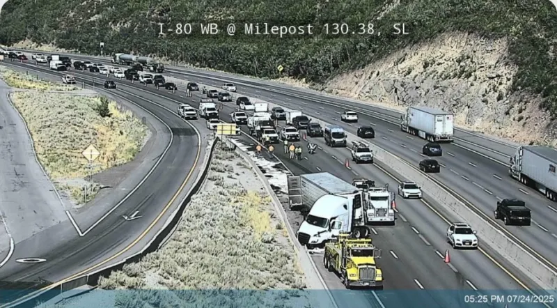 Jackknifed semi causing heavy traffic delays in Parleys Canyon