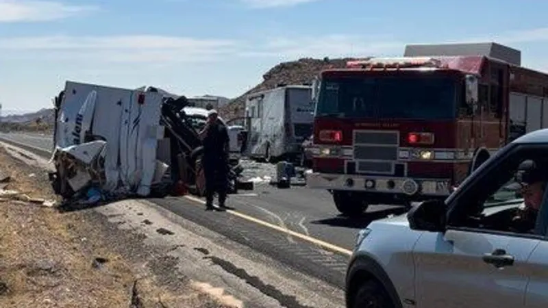 Crash involving two semi trucks, RV blocking all lanes of southbound I-15 in Leeds
