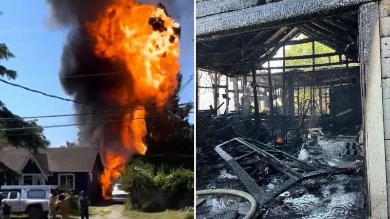 Wood-burning stove sparks Bellingham fire that destroys 2 garages, injures 1