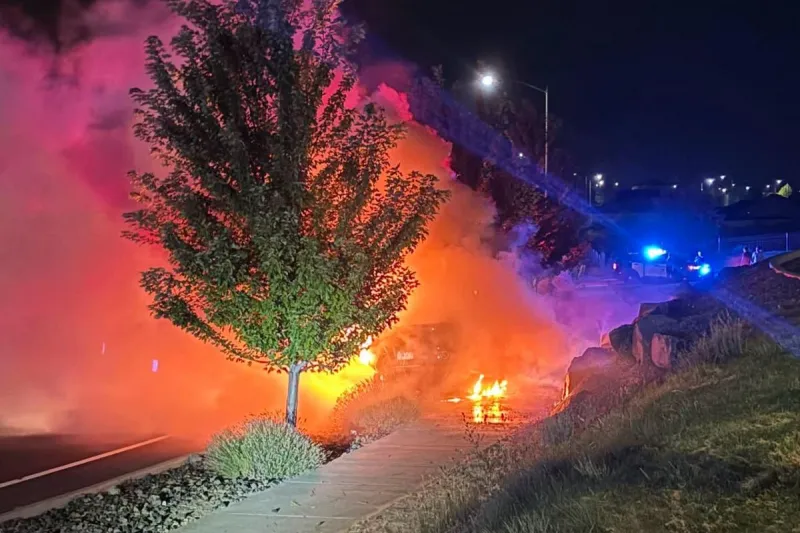 Car Crashed, Rolled, and Caught Fire on Bob Olson Parkway