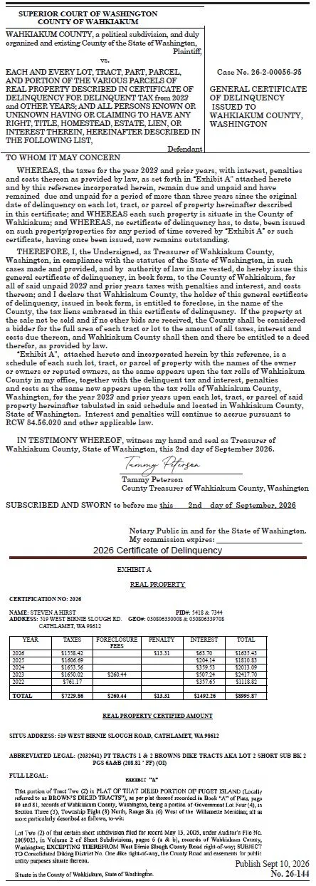 GENERAL CERTIFICATE OF DELINQUENCYISSUED TO WAHKIAKUM COUNTY, WASHINGTON