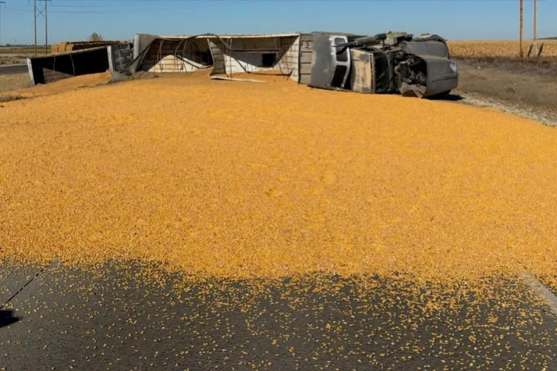 Semi Rolls Over on Highway 395 North of Pasco, Spilling Load