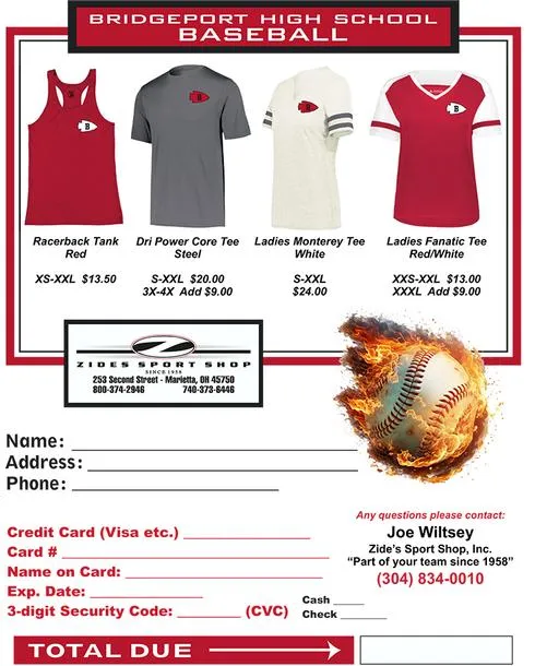 Bridgeport Baseball Taking Orders for Merchandise; Deadline is 8 a.m. Thursday Morning