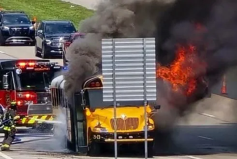 No Students Aboard, No One Injured as School Bus is Destroyed after Catching Fire on I-79 South in City